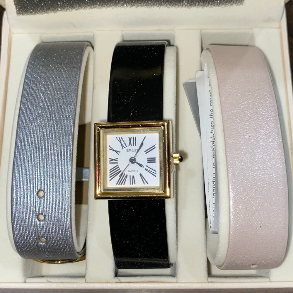 NEW IN BOX Gruen Watch with Additional Bands Square Watch Face Roman Numerals